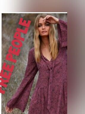 Free People Dusty Mauve Floral Tie-Neck Long Flare  Sleeve Dress Size XS